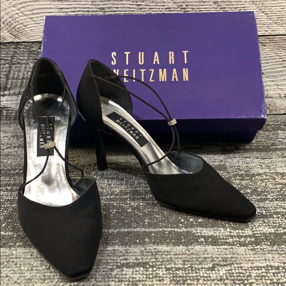 Stuart Weitzman Sexy Black Satin/Rhinestone Strap